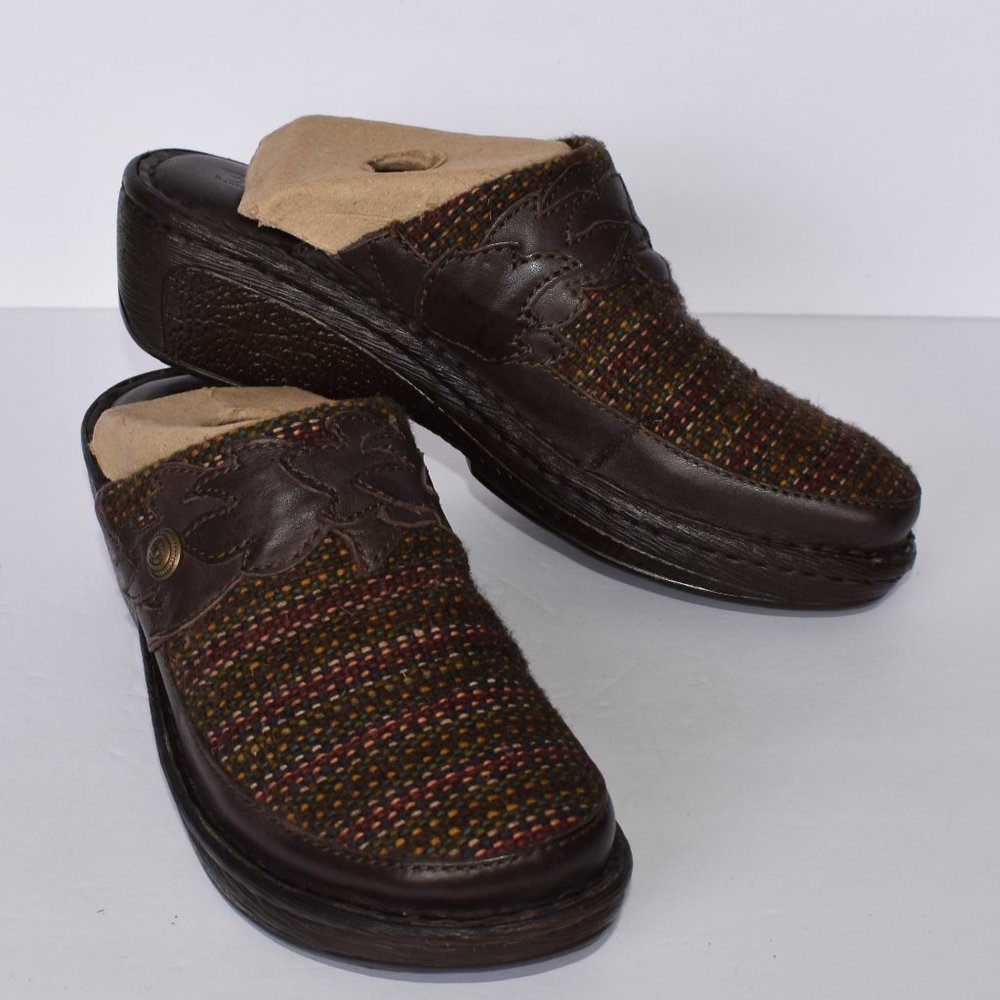 Born Pittina Brown Serape Clogs Leather Leaf Sz 8